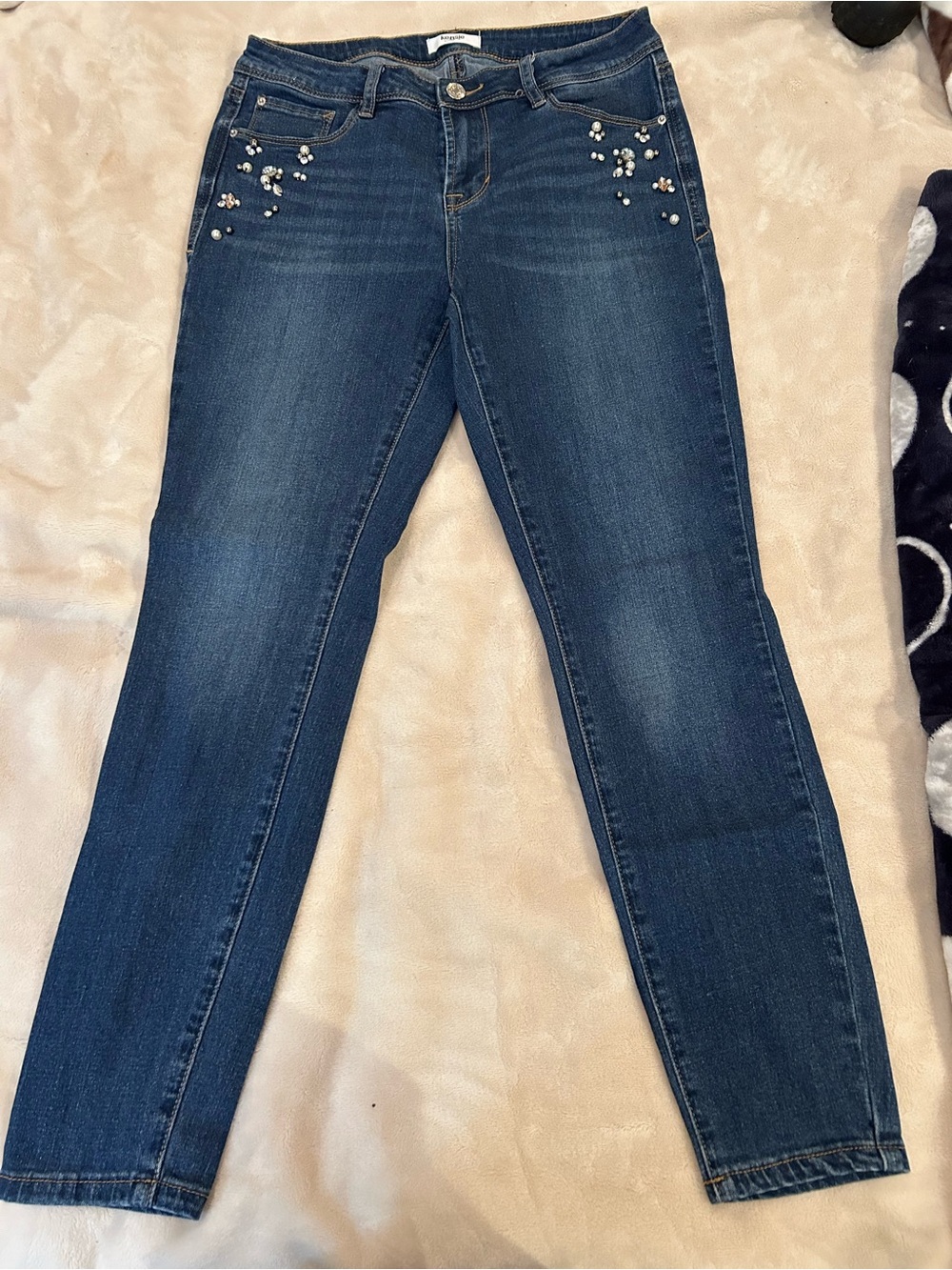 Kensie Dark Blue Skinny Jeans with Pearl Embellishments